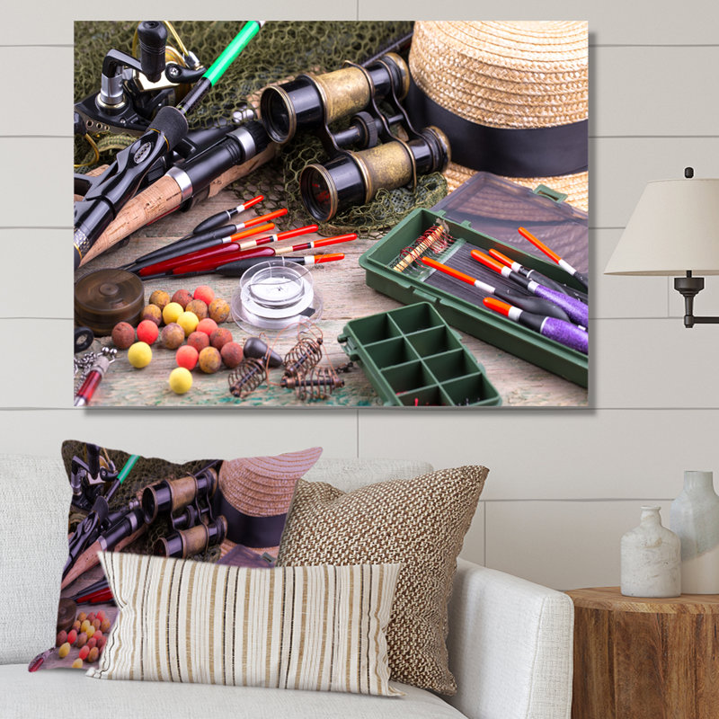 " Fishing Supplies Layout ", 30" H x 40" W x 1.5" D, Wrapped Canvas