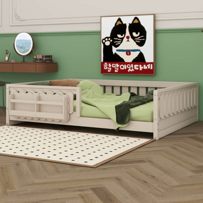 Floor Bed with Storage Shelves & Guardrails, Wood Montessori Floor Bed with Slats & Bookshelf, Low Profile Platform Bed Frame