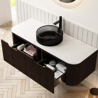 Meuble-lavabo moderne 48 po avec lavabo noir, conception flottante, 2 tiroirs, armoire rayée 3D matte, bonne résistance, durabilité pré-assemblée,