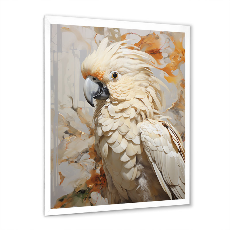 Perroquet beige à plumes élégance II, Cadre simple blanc, H 20 po x l 12 po x P 1 po