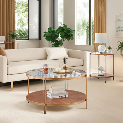 Table de bout moderne en bois avec plateau en verre et structure en métal