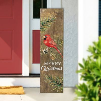 Panneau de véranda en bois "Merry Christmas" Cardinal - 38 "- brun et rouge