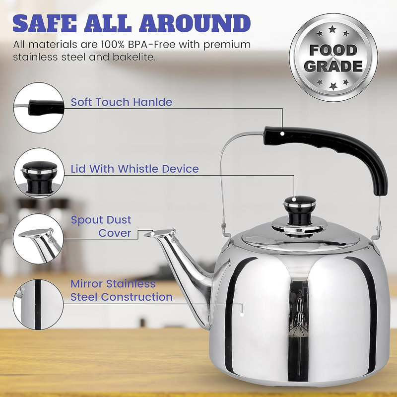 Ttak Houseware Tea Kettle Stovetop Movable Handle | Stainless Steel Stovetop Loud Whistling Fast Boiling Tea Kettle Cool Grip Bakelite Handle | Food Grade Tea Pot Thin Fast Heating Base