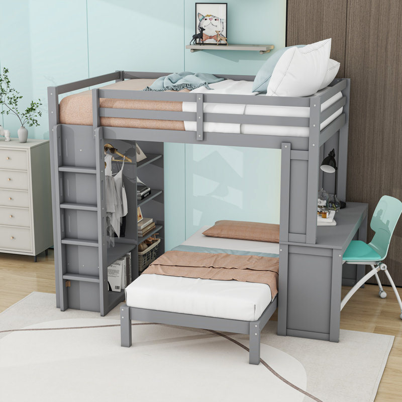 Lit superposé en bois avec bureau, tablettes et garde-robe, Double XL, Gris