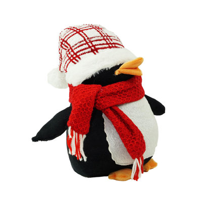 13.75" Black and Red Penguin Wearing a Scarf with Plaid Hat Christmas Tabletop Decoration