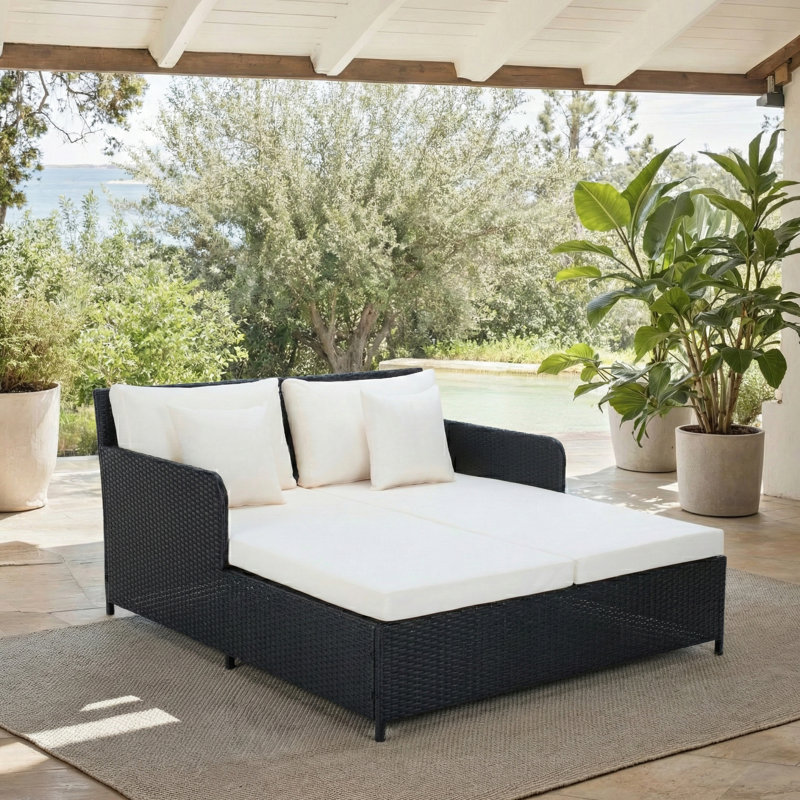 Cadeo 53.1'' Wide Straight Wicker Patio Daybed with Cushions, Black Frame/White Cushion