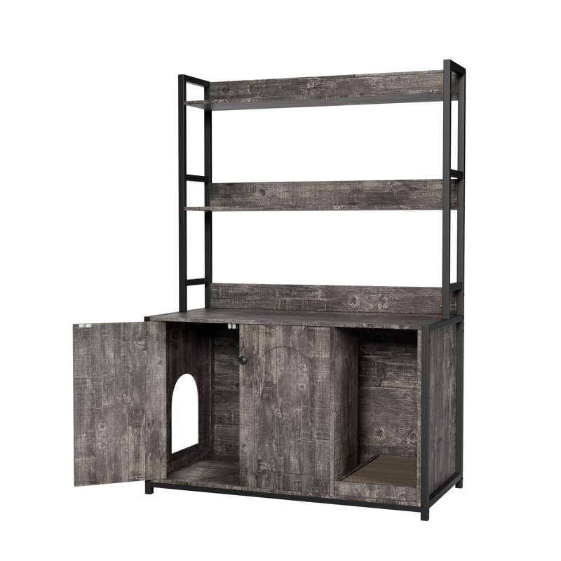 Grande armoire intérieure pour chat grise avec étagère de rangement, portes doubles et bloc-notes, structure de litière cachée