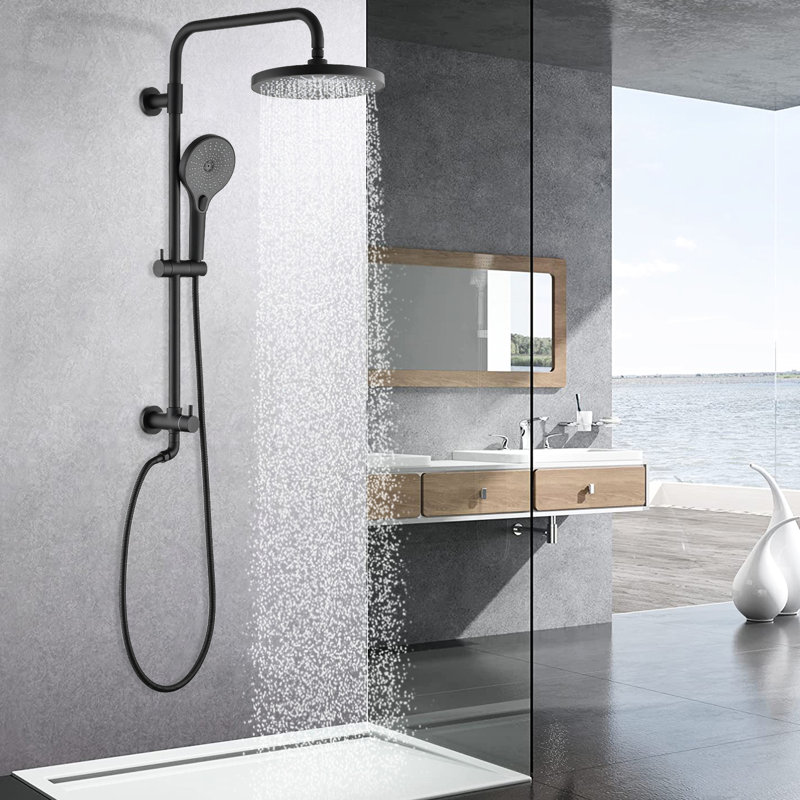 Pomme de douche noire matte et système portatif - pluie de 8 po et 3 réglages, barre coulissante réglable, égratignures, nettoyage facile à la chaux, débit de 1,8 gallon par minute, fixation murale avec résistance à la corrosion, bec pivotant,