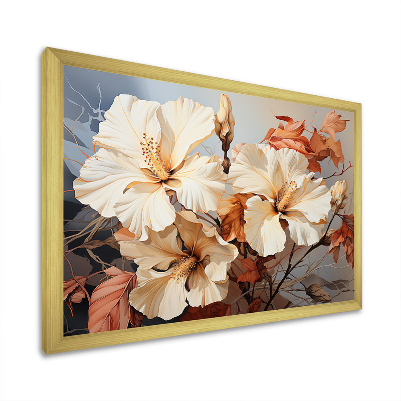 Fleurs d'hibiscus aux tons rétro évoquant la nostalgie, Cadre doré simple, H 34 po x l 44 po x P 1,5 po