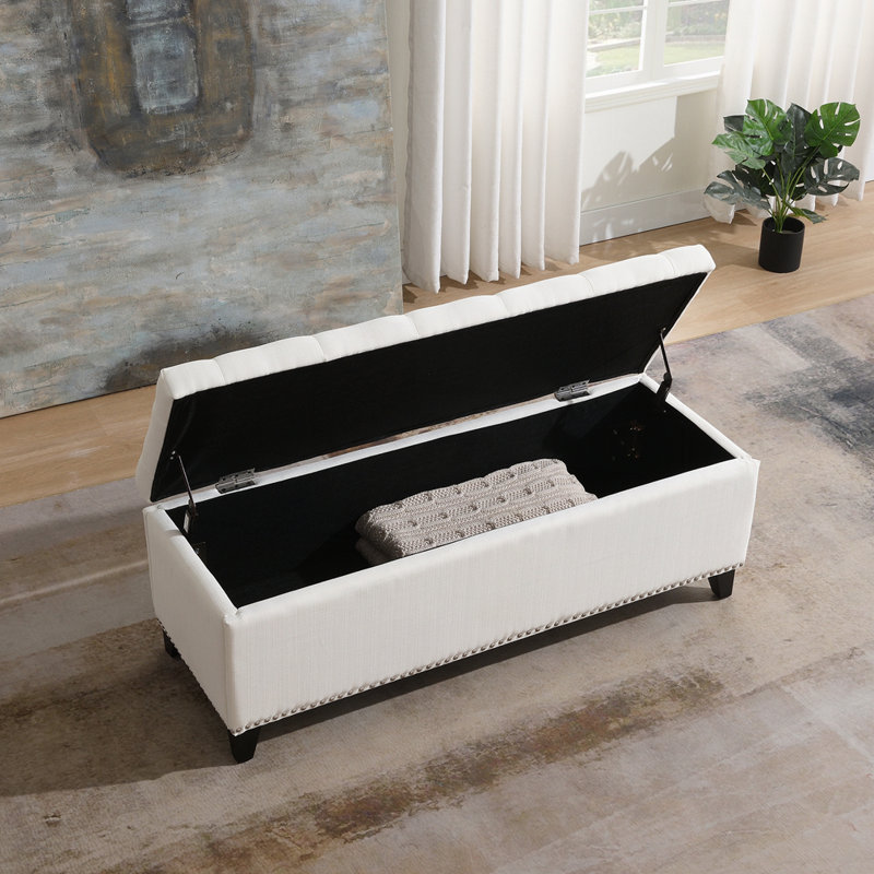 Linen Button-Tufted  Storage Bench, Beige