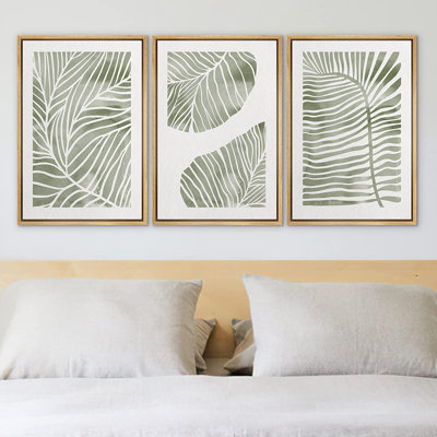 SIGNLEADER Framed Canvas Print Wall Art Set Abstract Jungle Green Pastel Plants Nature Wilderness Illustrations Modern Art Rustic Chic Colourful For Living Room, Bedroom, Office - 3 Piece Floater Frame Painting Set on Canvas