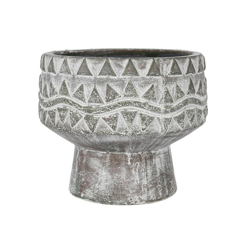 Jardinière en terre cuite grise D10x8 "avec base piédestal et motifs, H 8,1 po x l 9,8 po x P 9,8 po
