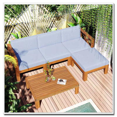 Outdoor Backyard Patio Wood 5-Piece Sectional Sofa Seating Group Set with Cushions