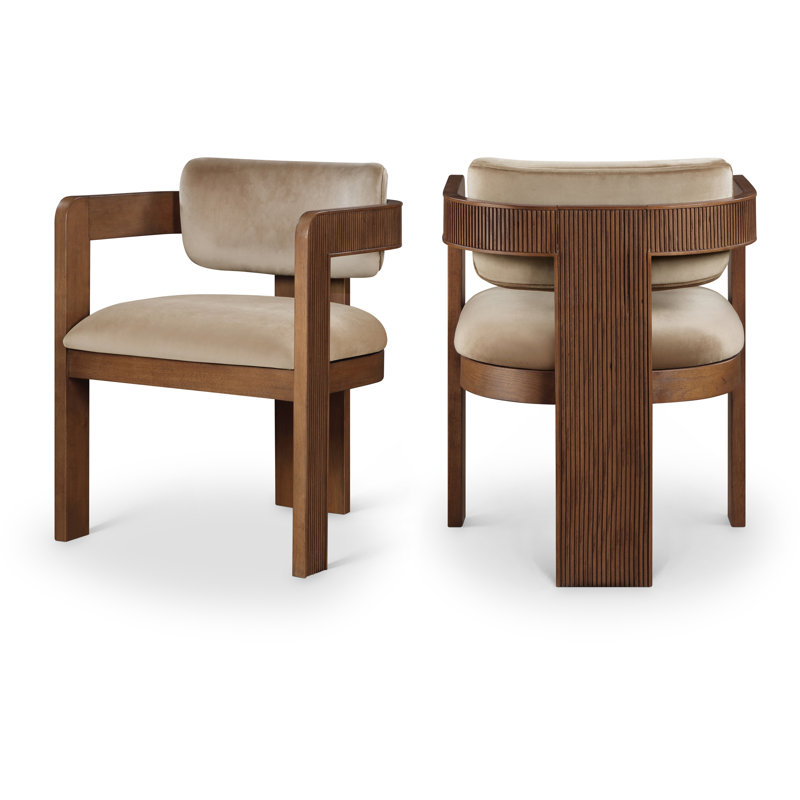 Sacha Frink Upholstered Dining Arm Chair, Beige Velvet, Brown Walnut