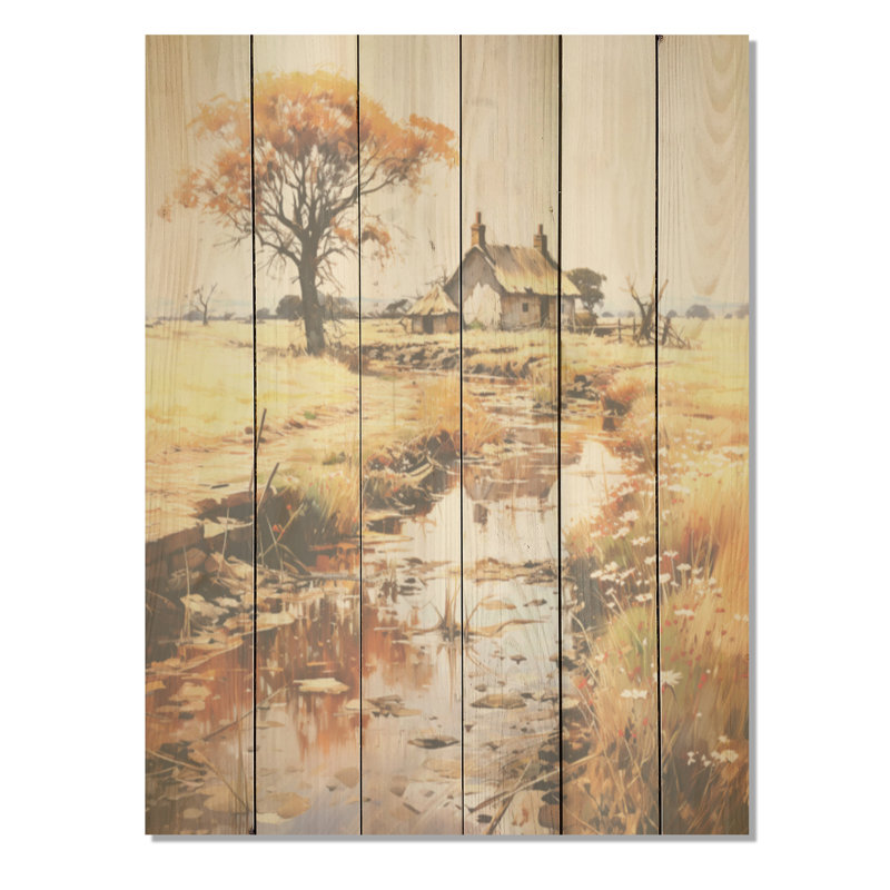 Neo impressionniste, campagne nostalgique I - campagne, art mural sur bois de pin naturel, H 40 po x l 30 po