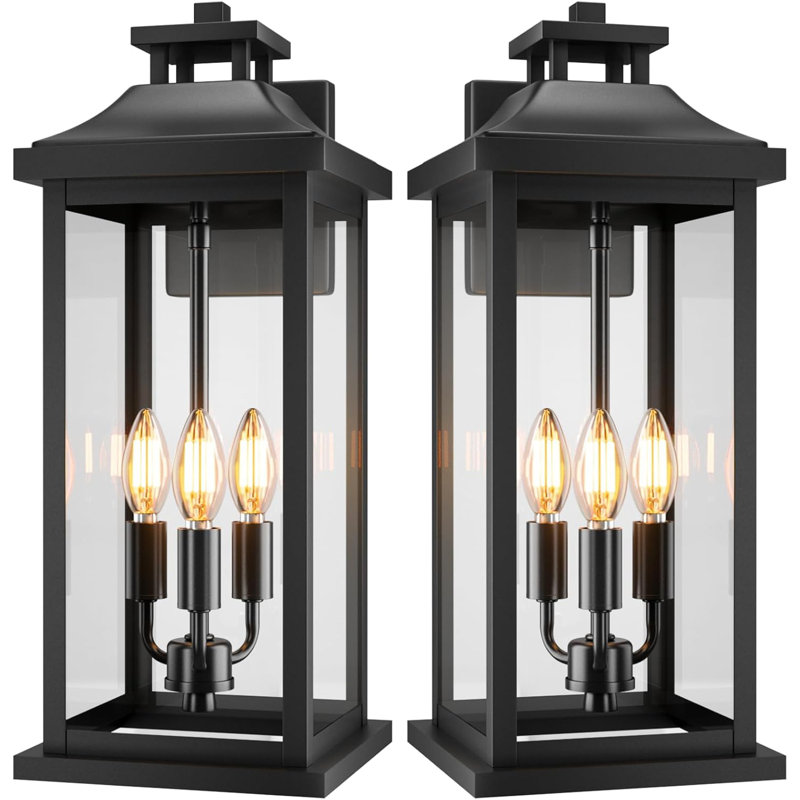 Large Outdoor Wall Sconce Light Fixture 3-Light Design, IP65 Waterproof Exterior Porch Lighting For House Garage, Modern Black Coach Lanterns 2-Pack