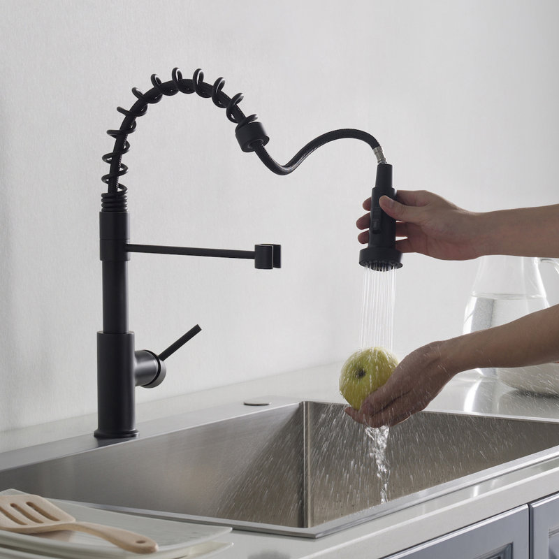 Robinet de cuisine escamotable à finition noire matte Blossom, Noir mat, Sans distributeur de savon