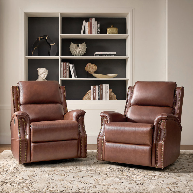 Felisa 34''W Traditional Manual Genuine Leather Recliner（Set of 2）, Brown