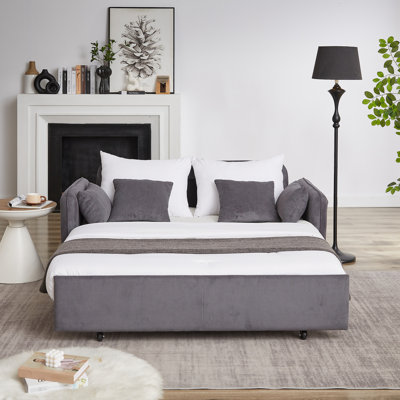 Lit-lit gris de 66 pouces, 3-en-1 réglable avec 4 oreillers escamotables, poches latérales, velours côtelé doux, pour salon, petit appartement, bureau élégant et pratique convertible gris, rangement,