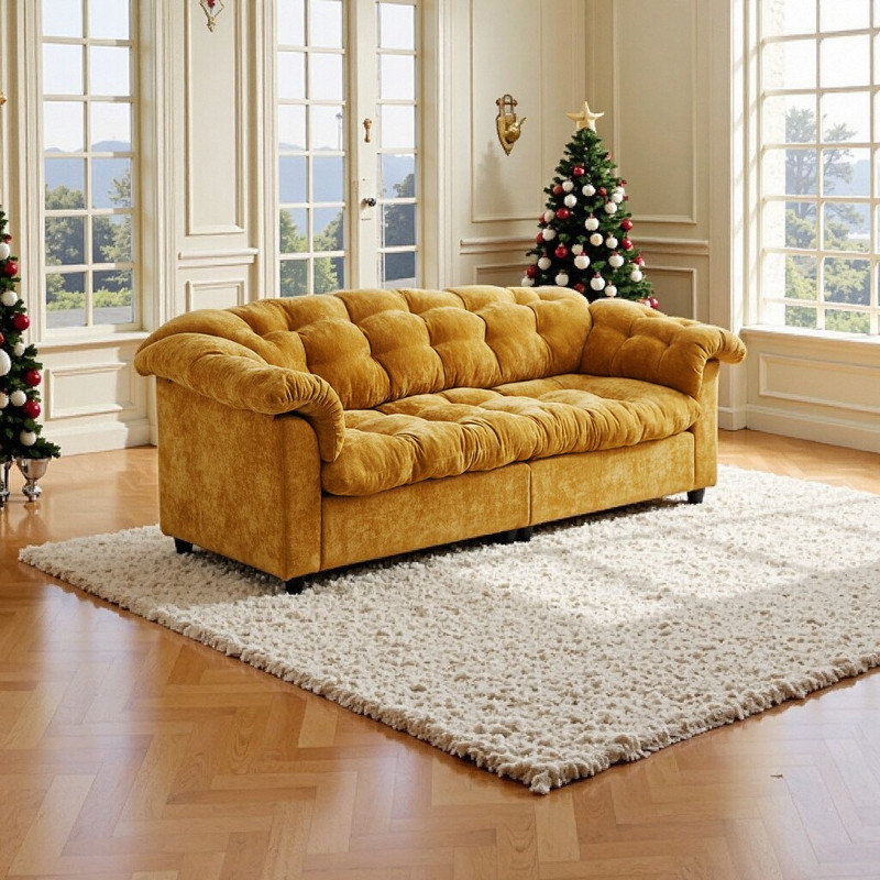 Canapé à assise profonde en bois massif 94,8 po, Jaune