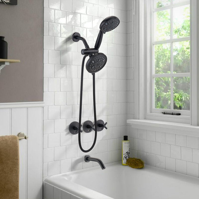 Dual Shower Head Combo With Tub And Shower Trim Kit With Rough-in Valve, Matte Black