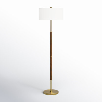 62 Inch Two-Tone Floor Lamp Fabric Drum Shade Rustic Oak Polished Nickel Contemporary Olie