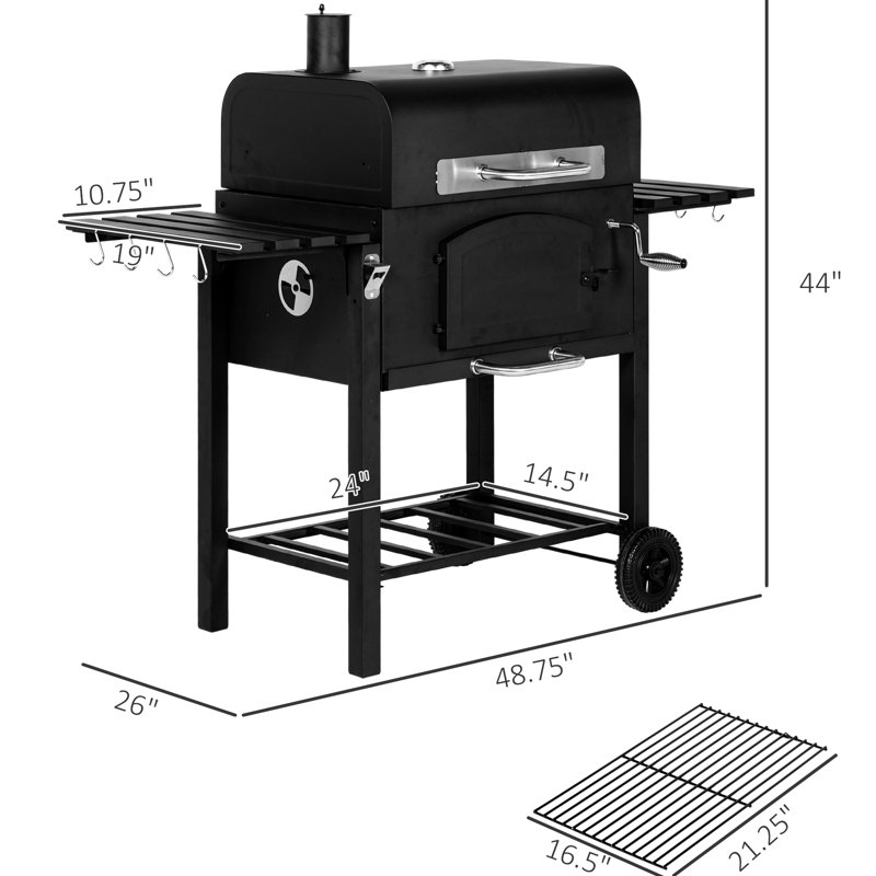 Barbecue portatif au charbon de bois, avec hauteur réglable, tablettes pliantes, thermomètre, ouvre-bouteille et roues, barbecue à finition noire, commandes de cheminée