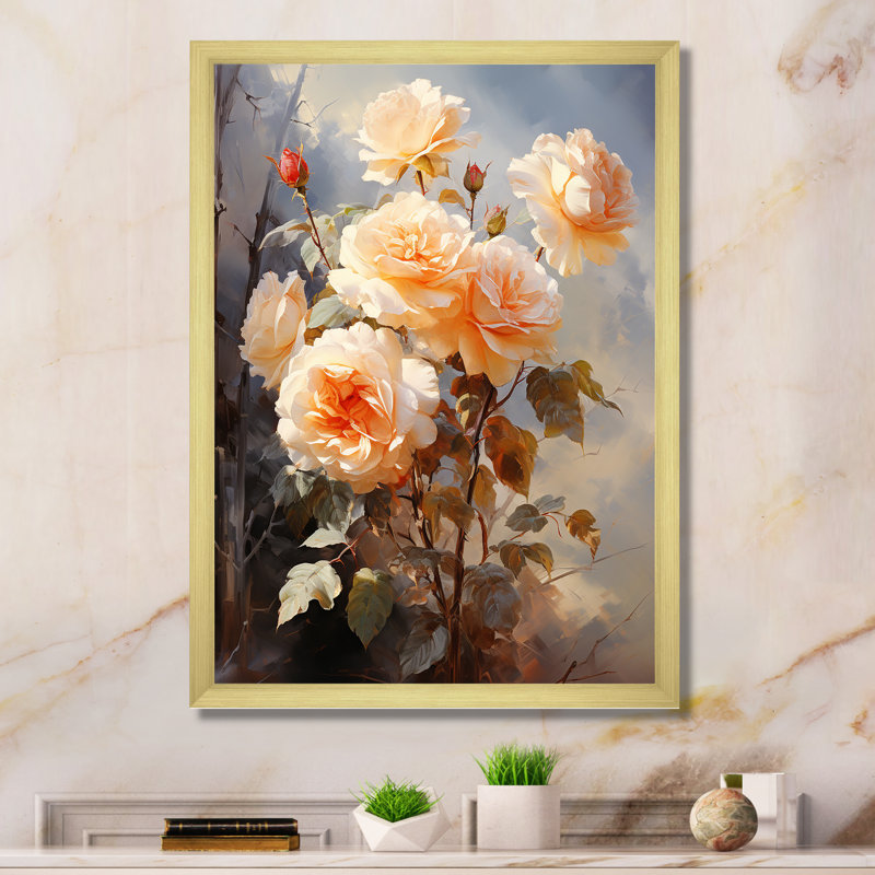 Impression romantique Carsta Peach Roses II, Encadrement doré, H 20 po x l 12 po x P 1 po