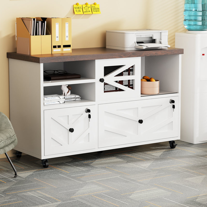 Lockable 2-drawer Lateral File Cabinet With Open Storage Shelves, Rolling Filing Cabinet For Home Office, Holds Letter/legal/a4 Files, Heavy Duty Mobile File Cabinet, White