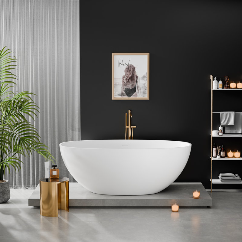 Baignoire autoportante de 61 pouces à surface solide blanc mat | Petite baignoire avec drain central | Design moderne ovale