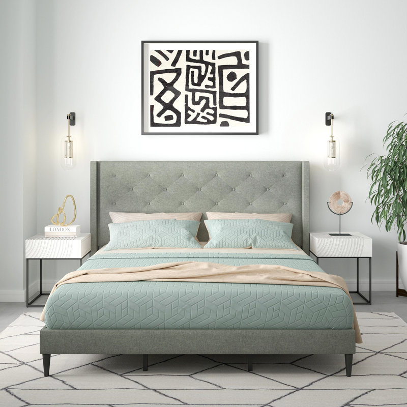 Amiliya Upholstered Wingback Bed, Stone, King