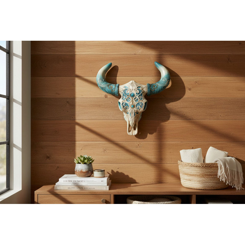 Southwestern Ornate Scroll Bone Longhorn Cow Bull Skull with Turquoise Horns Hanging Wall Décor