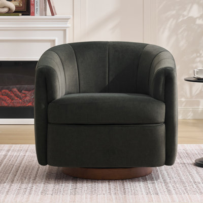 Oversize 32" Width Upholstered Swivel Accent Armchair With Solid Wood Base, Velvet Fabric Comfy Barrel Chair With Curved Tufted Backrest and Larger Seat Depth For Primary Living Room