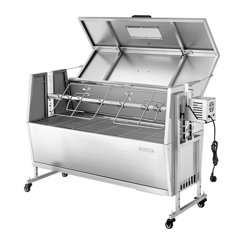 Rôtissoire, rôtissoire de 38 W pour barbecue et agneau, rôtissoire au charbon de bois avec capacité de 132 lb, roues et hauteur de 4 niveaux, ensemble de rôtisserie en acier inoxydable pour les fêtes en plein air