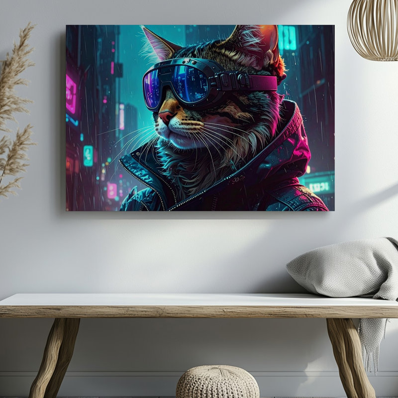 Toile, art mural Cyberpunk, chat, futuriste, science-fiction, félin, H 9 po x l 12 po