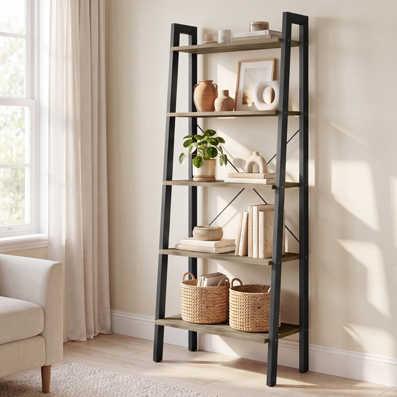 Jabari 67.9" H Metal Ladder Bookcase, Black/Camel Brown