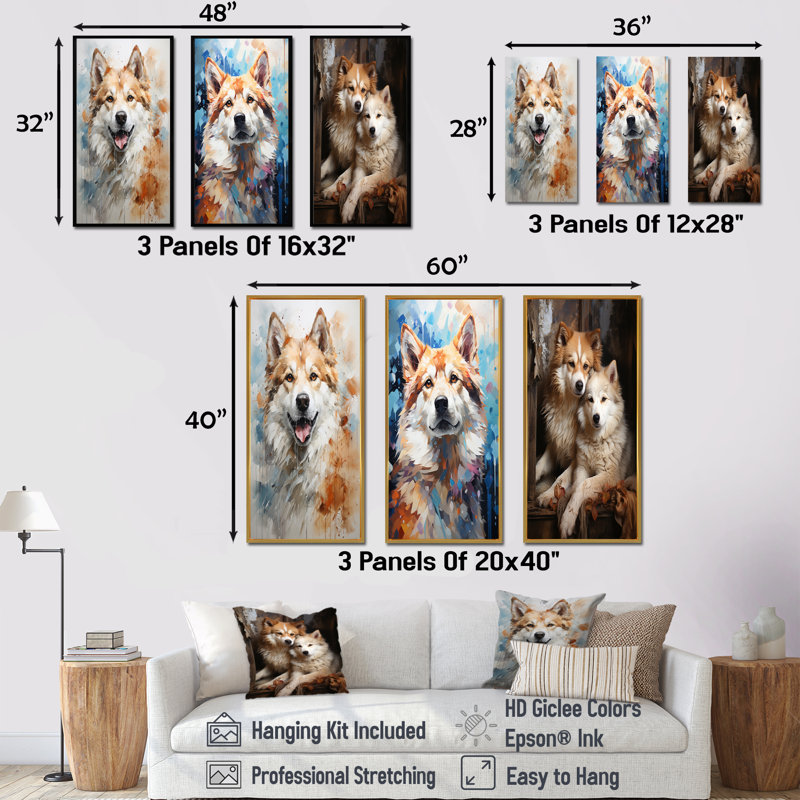 Chien Akita Affection - ensemble de 4 reproductions d'art mural, Cadre flottant blanc, H 28 po x l 36 po