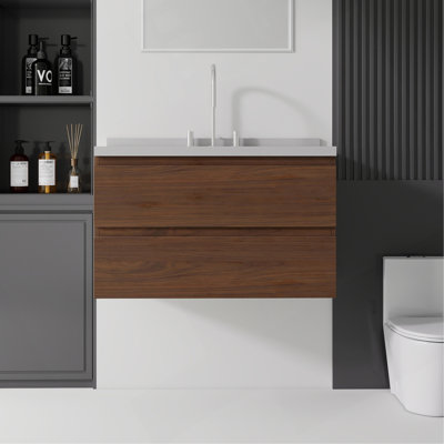 Meuble-lavabo suspendu de 61 cm avec lavabo, tiroir à fermeture amortie, comptoir et dosseret en marbre synthétique blanc de Carrare de 5 cm, contreplaqué