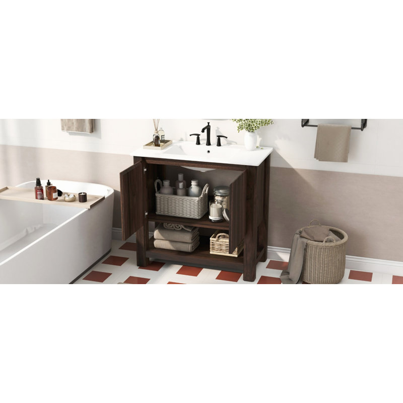 Meuble-lavabo antique avec lavabo en céramique, Brun antique