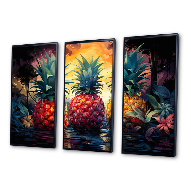 Ensemble de toiles murales ananas, Cadre flottant noir, H 28 po x l 36 po x P 1 po