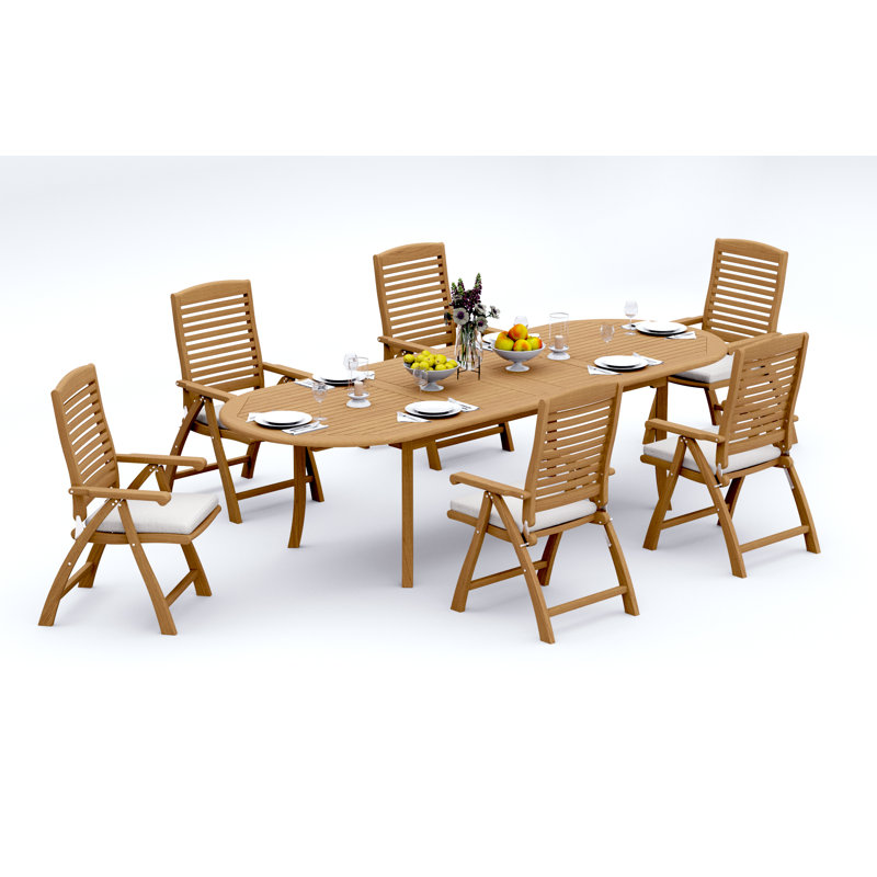 8 Seats 9 Pcs Grade-A Teak Wood Dining Set: 118" Double Extension Oval Table And 8 Ashely Folding Reclining Arm Chairs #11AS2608