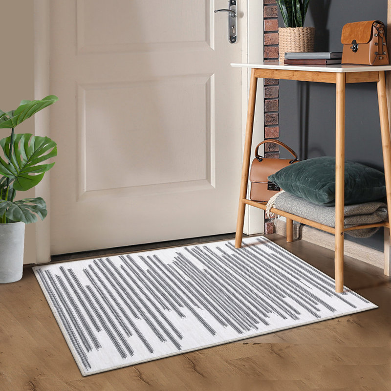 Tapis contemporain délavé à motifs abstraits et lavables avec lignes à rayures, gris, Rectangle 2 pi x 3 pi