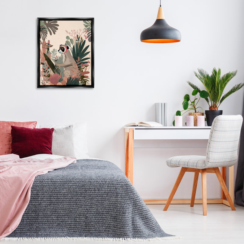 «Happy Lemur & Plants» par Fab Funky, Cadre flottant gris lustré, H 31 po x l 25 po