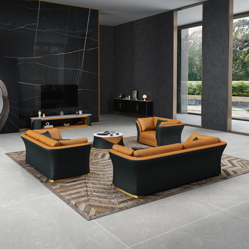 3 Piece Genuine Leather Living Room Set, Orange/Black Genuine Leather