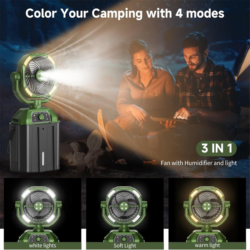 Misting Fan Portable 6L Bucket Camping Fan With Led Light Remote & Hook, 4 Spray Mister, Green, Green