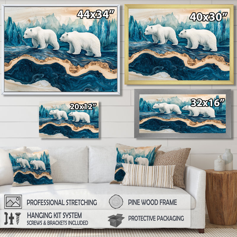Ours blancs sur un glacier dans un paysage de Norvège I - art mural ours, H 34 po x l 44 po, Cadre flottant, Blanc