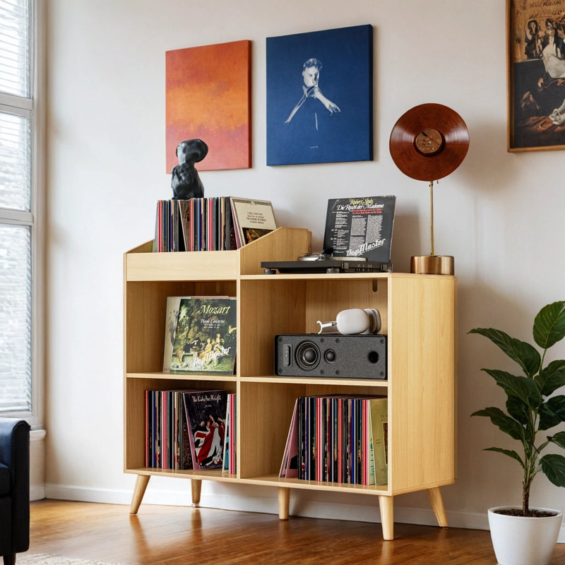 Large Record Player Stand With Power Outlet, Vinyl Record Storage Table Holds Up To 400 Albums, Mid-Century Turntable Stand For Living Room, Bedroom
