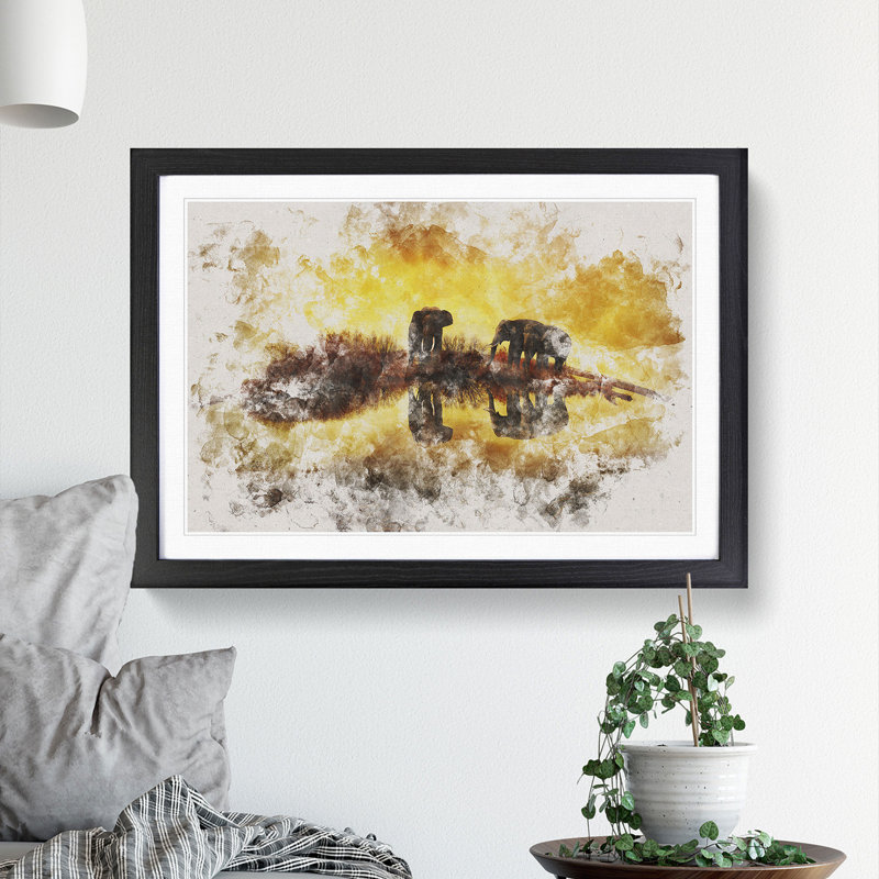 Elephants at Sunset Watercolour - Picture Frame Graphic Art, 27cm H x 36cm W x 2cm D, Black