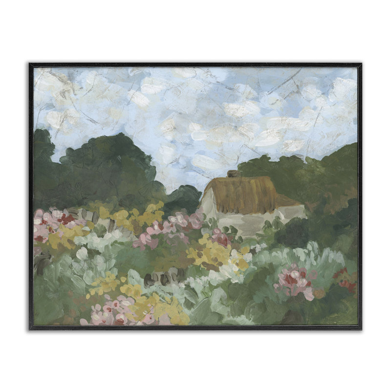 Art giclée Cotswold Cottage View, design par June Erica Vess, H 11 po x l 14 po, Giclée encadrée noir minuit