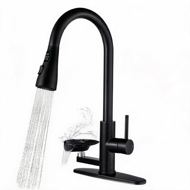 Robinet de cuisine 3 en 1 en acier inoxydable noir mat avec affichage de la température de la diode électroluminescente et pulvérisateur rétractable